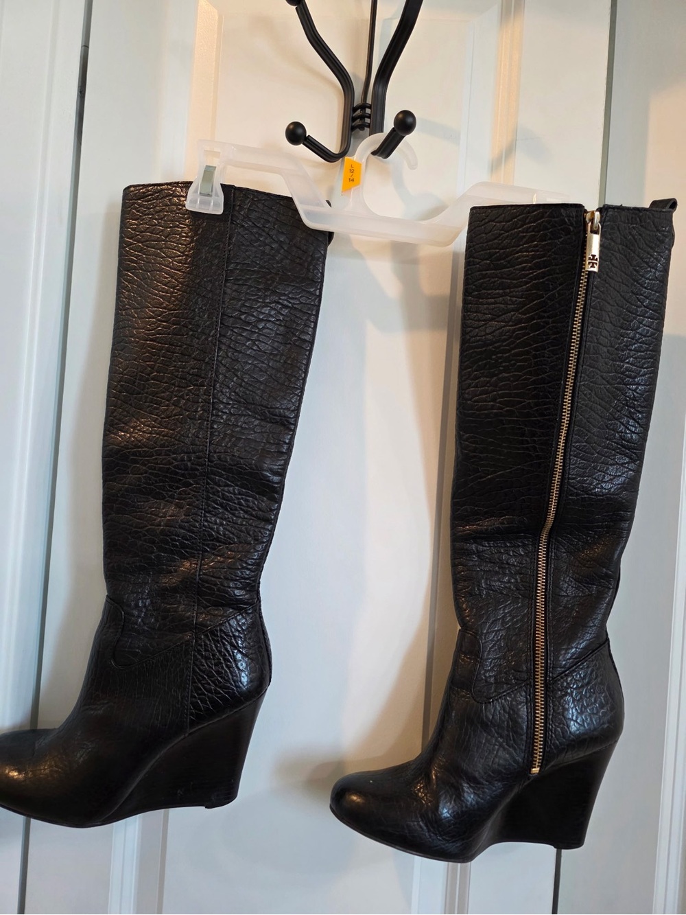 Tory Burch Black Textured Leather Knee-High Wedge Boots